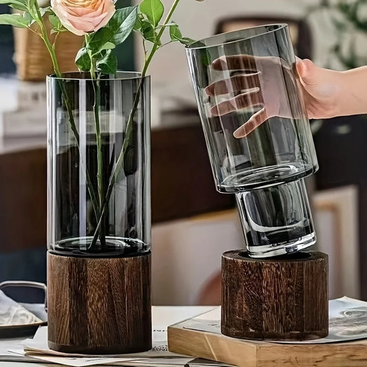 Elegant Glass Vase with Wooden Base